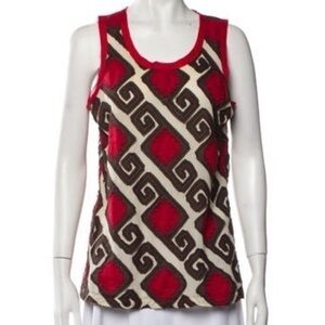 Tory Burch Red, Cream & Brown Geometric Tank Top
